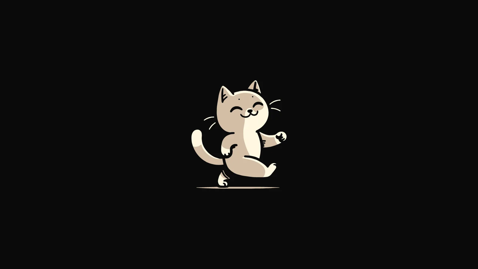Catsy: a cream cartoon cat strolling on a black background